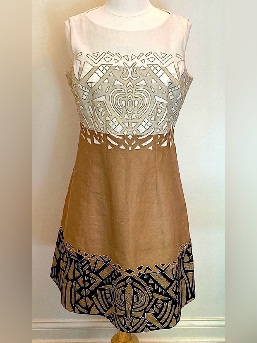 Lafayette 148 New York Tribal Sz 10 Quiet Luxury Boho Earthy Embroidered Dress